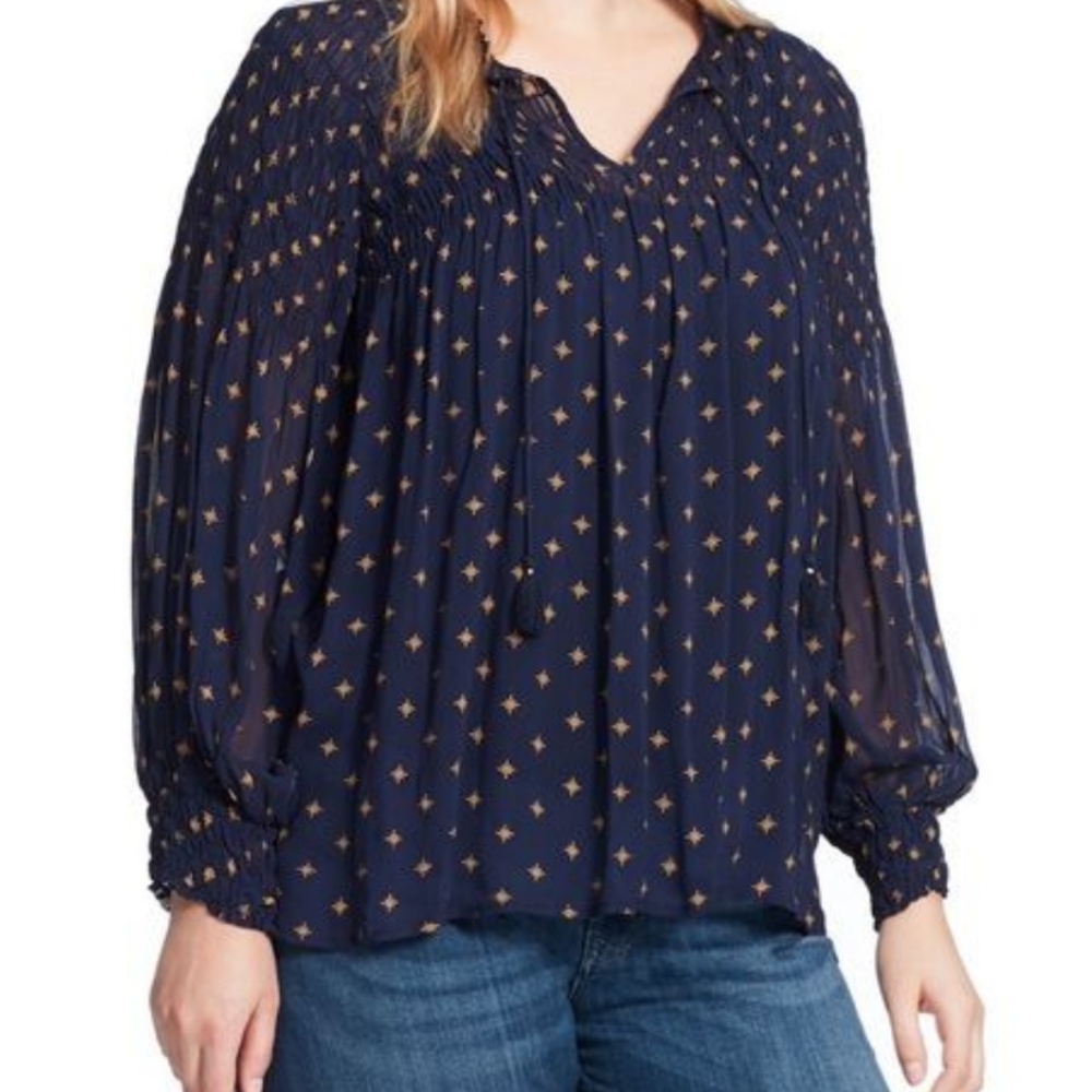 Lucky Brand Semi Sheer Ink Blue with Gold Stars Blouse‎